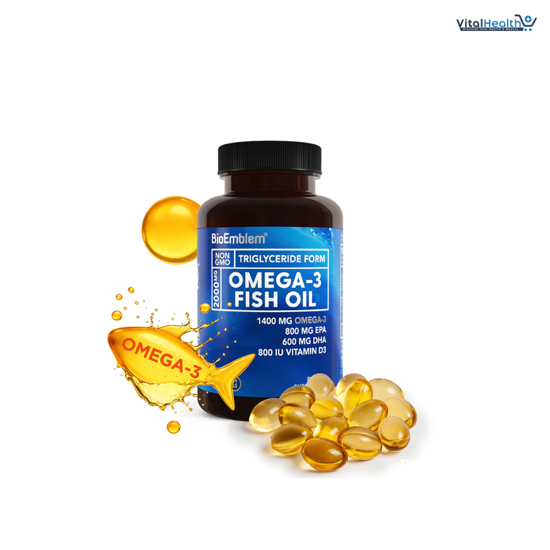 BioEmblem Omega-3 Fish Oil 2000mg - Small Size Softgels, High Absorption Form, Sustainable - 1400mg EPA &DHA Plus Vitamin D3, Non-GMO, Heart, Joint, & Brain Health Fish Oil Supplement, 120 Ct