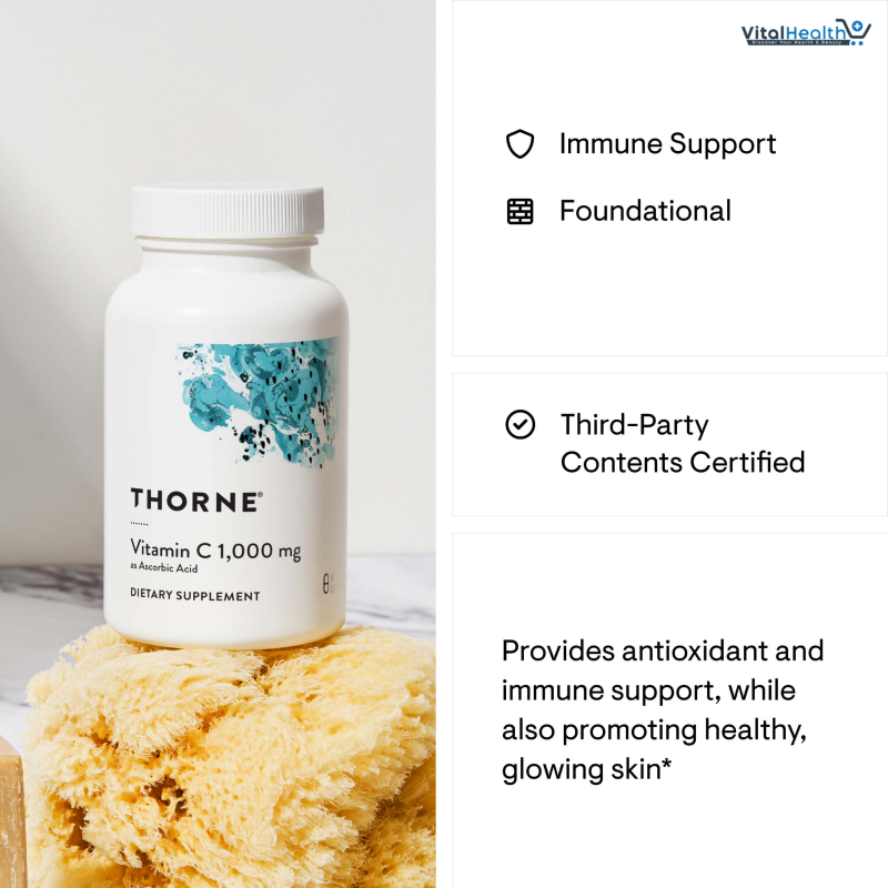 THORNE - Vitamin C 1,000 mg (Formerly Ascorbic Acid) Supplement - Supports Healthy Immune Function & Collagen Formation - Provides Antioxidant Benefits - Third-Party Certified - 60 Servings, Capsule