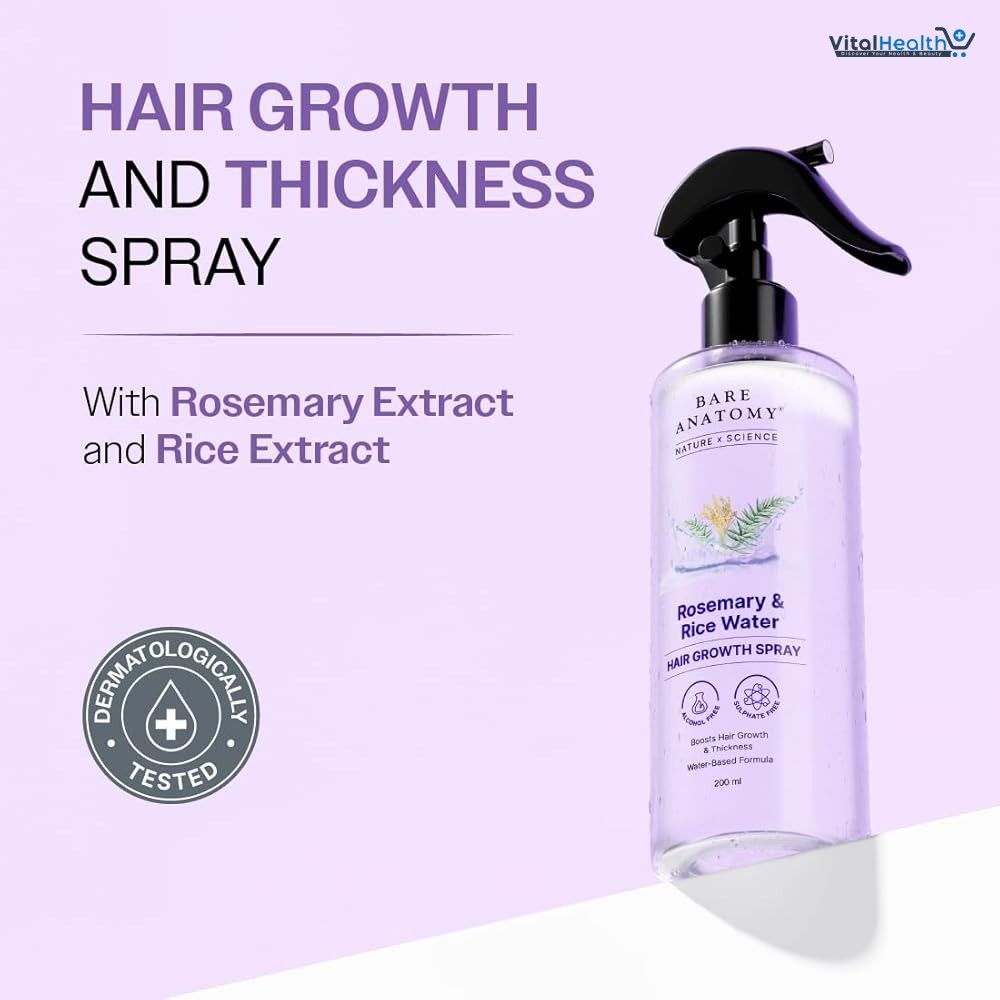 Bare Anatomy Rosemary Water Spray for Hair Growth & Thickness with Rice Water – 200ml