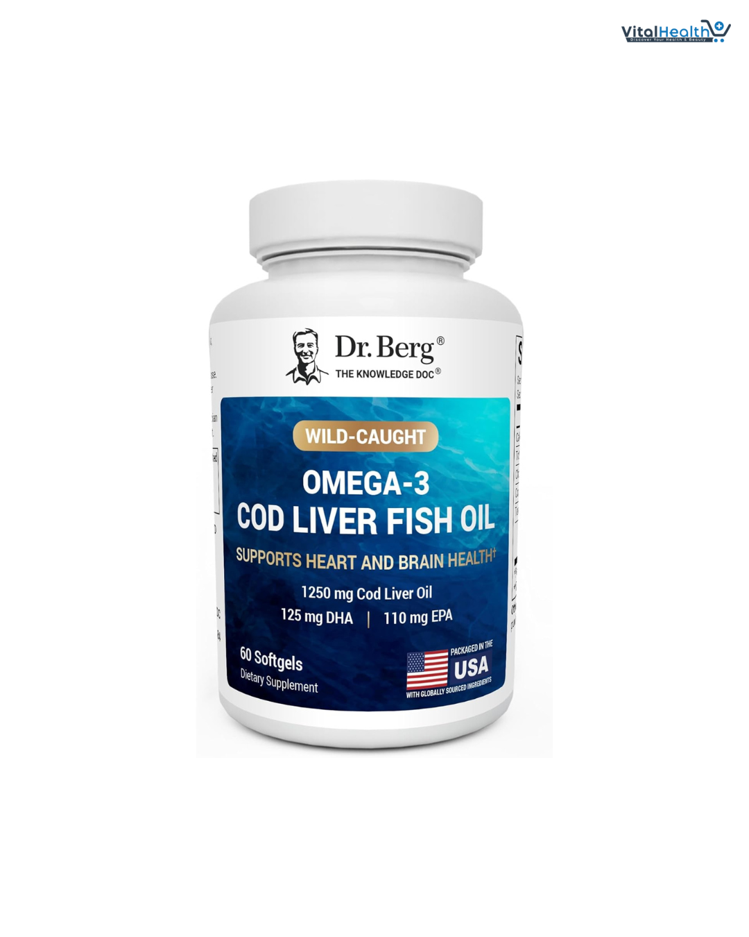 Dr. Berg Maximum Strength Omega-3 Cod Liver Fish Oil (1250 mg) from Wild-Caught Cod - Lemon-Flavored Omega-3 Fish Oil for Women & Men - EPA DHA Supplement – 60 Softgels